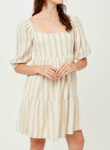 Taupe Stripe Cotton Dress with Puffy Sleeves