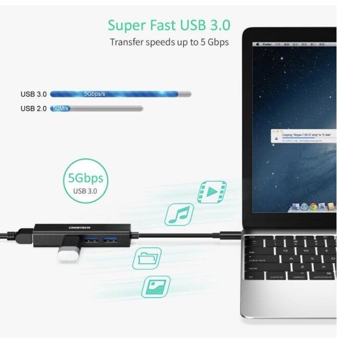 Choetech USB-C 3-Port Hub + Gigabit Ethernet Port, Black