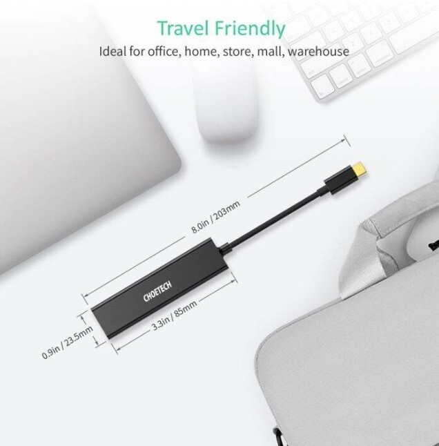 Choetech USB-C 3-Port Hub + Gigabit Ethernet Port, Black