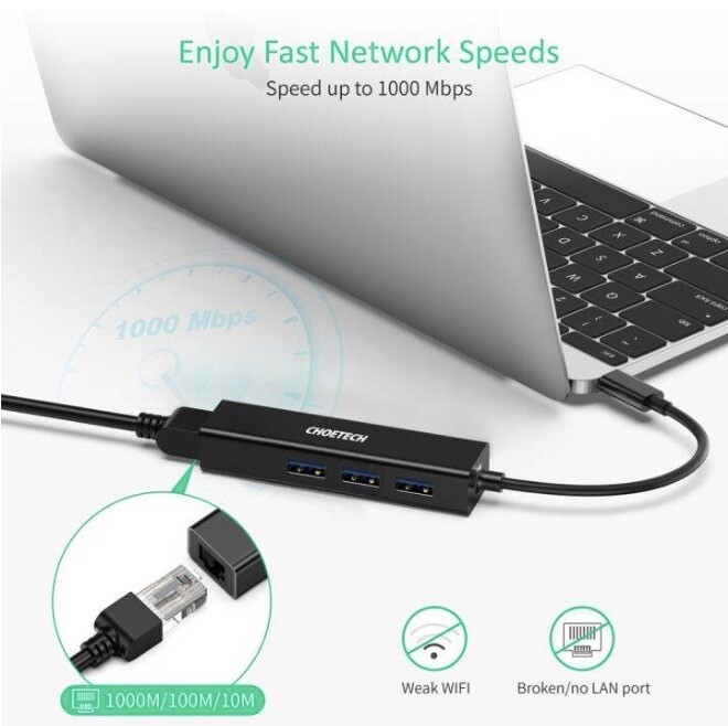 Choetech USB-C 3-Port Hub + Gigabit Ethernet Port, Black