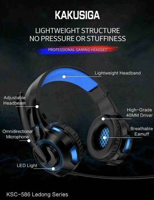 Kaku Competitive Gaming Wired Headset, Black-Blue, KSC-586 LEDON