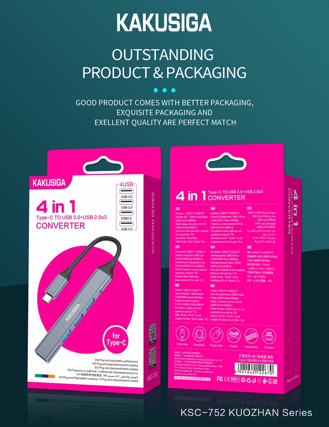 Kaku 4 In 1 Converter (Type-C To USB3.0+USB2.0X3), Black