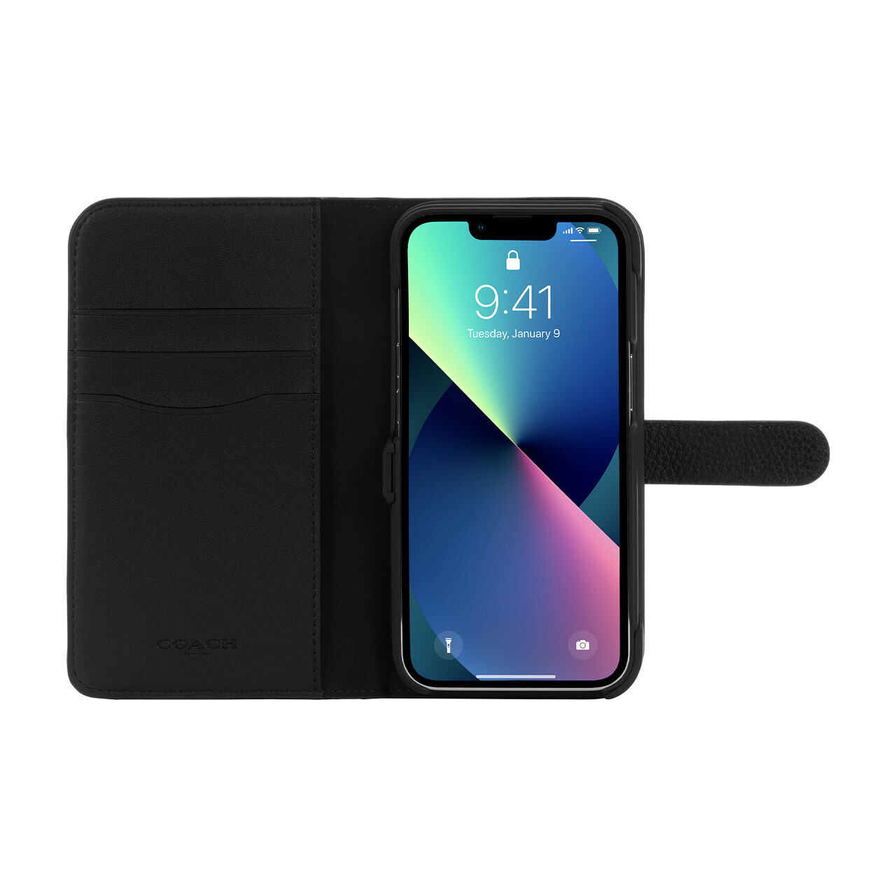 &lt;p&gt;Coach iPhone 13 Pro Leather Folio, Black Emboss Signature C Pebbled Leather&lt;/p&gt;