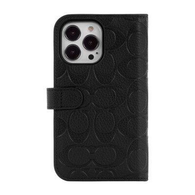 Coach iPhone 13 Pro Leather Folio, Black Emboss Signature C Pebbled Leather