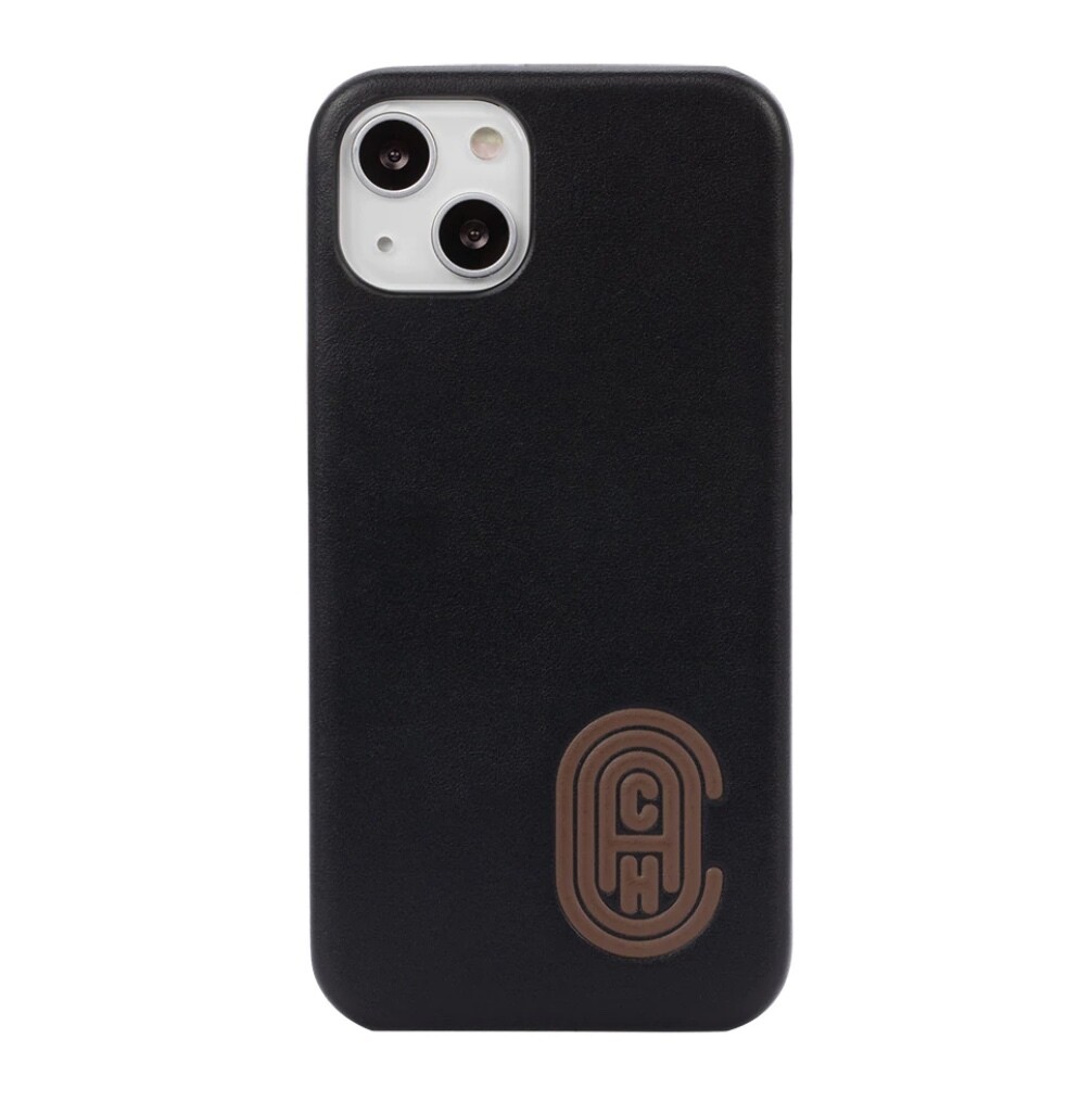 Coach iPhone 13 Leather Slim Wrap, Retro C Sports Logo Black/Saddle