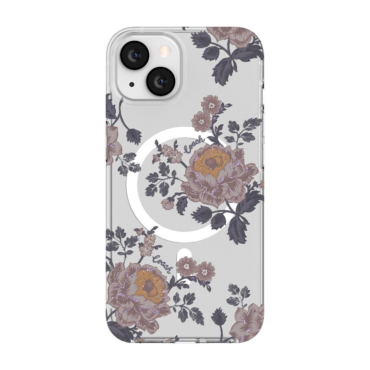 Coach iPhone 13 Protective Case for MagSafe, Moody Floral/Purple/Glitter/Clear (