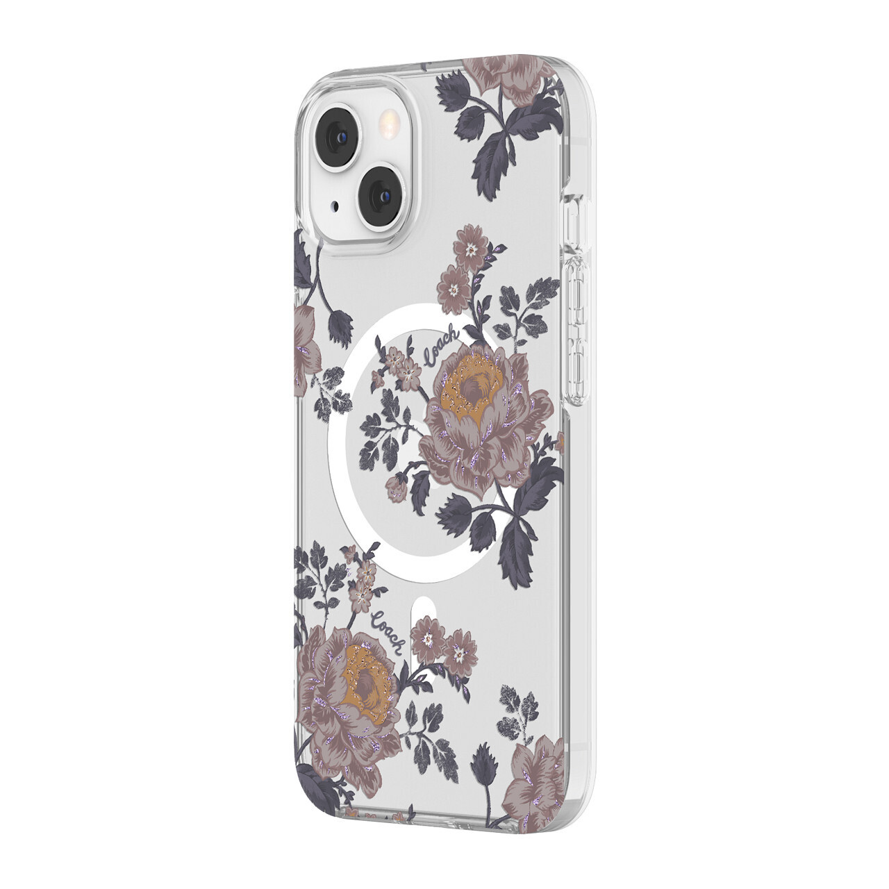 Coach iPhone 13 Protective Case for MagSafe, Moody Floral/Purple/Glitter/Clear (