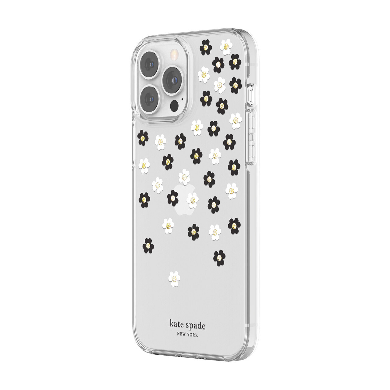 KSNY iPhone 13 Pro Protective Hardshell, Scattered Flowers Black/White/Gold Gems