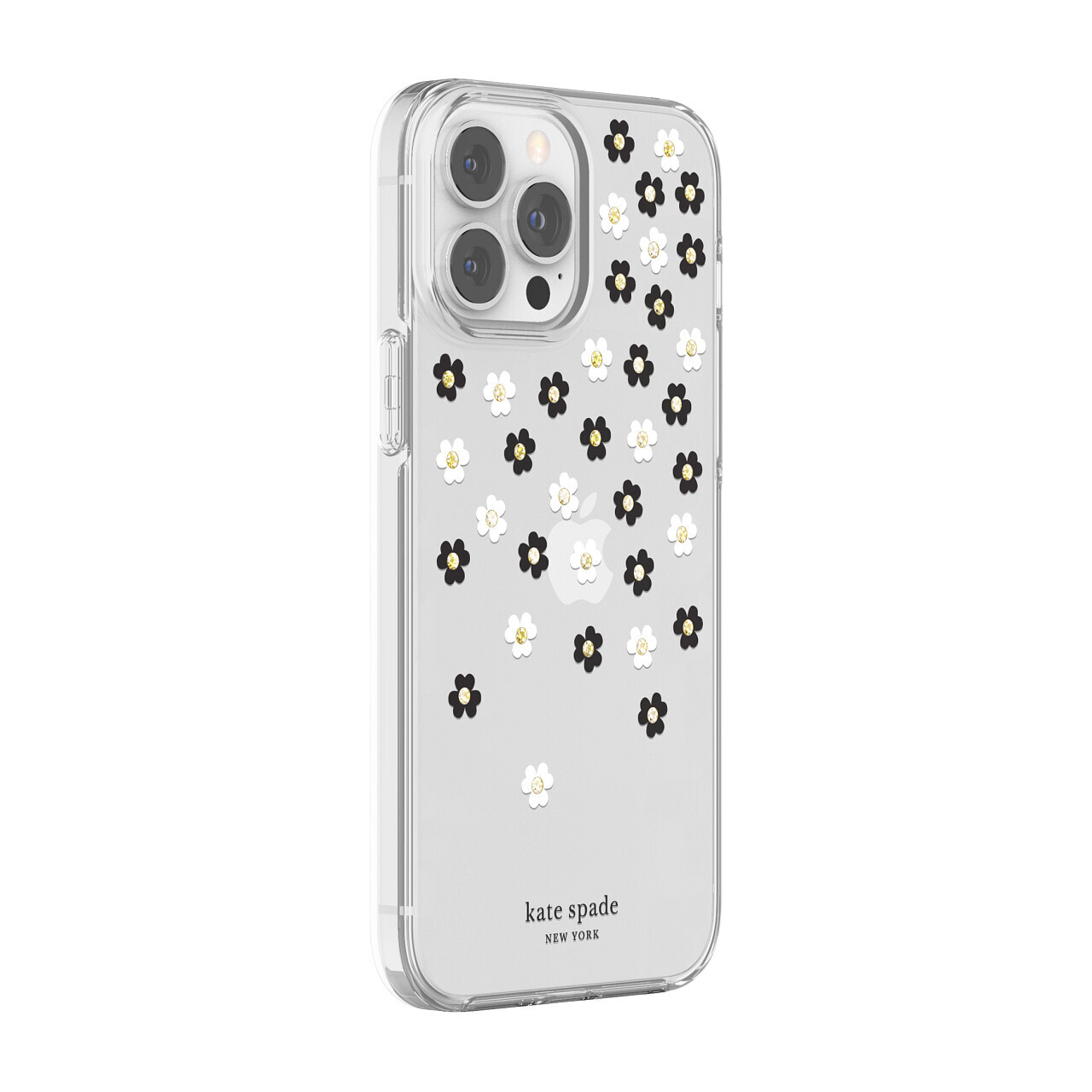 KSNY iPhone 13 Pro Protective Hardshell, Scattered Flowers Black/White/Gold Gems
