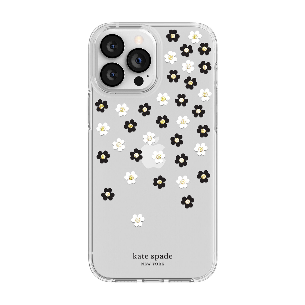 KSNY iPhone 13 Pro Protective Hardshell, Scattered Flowers Black/White/Gold Gems
