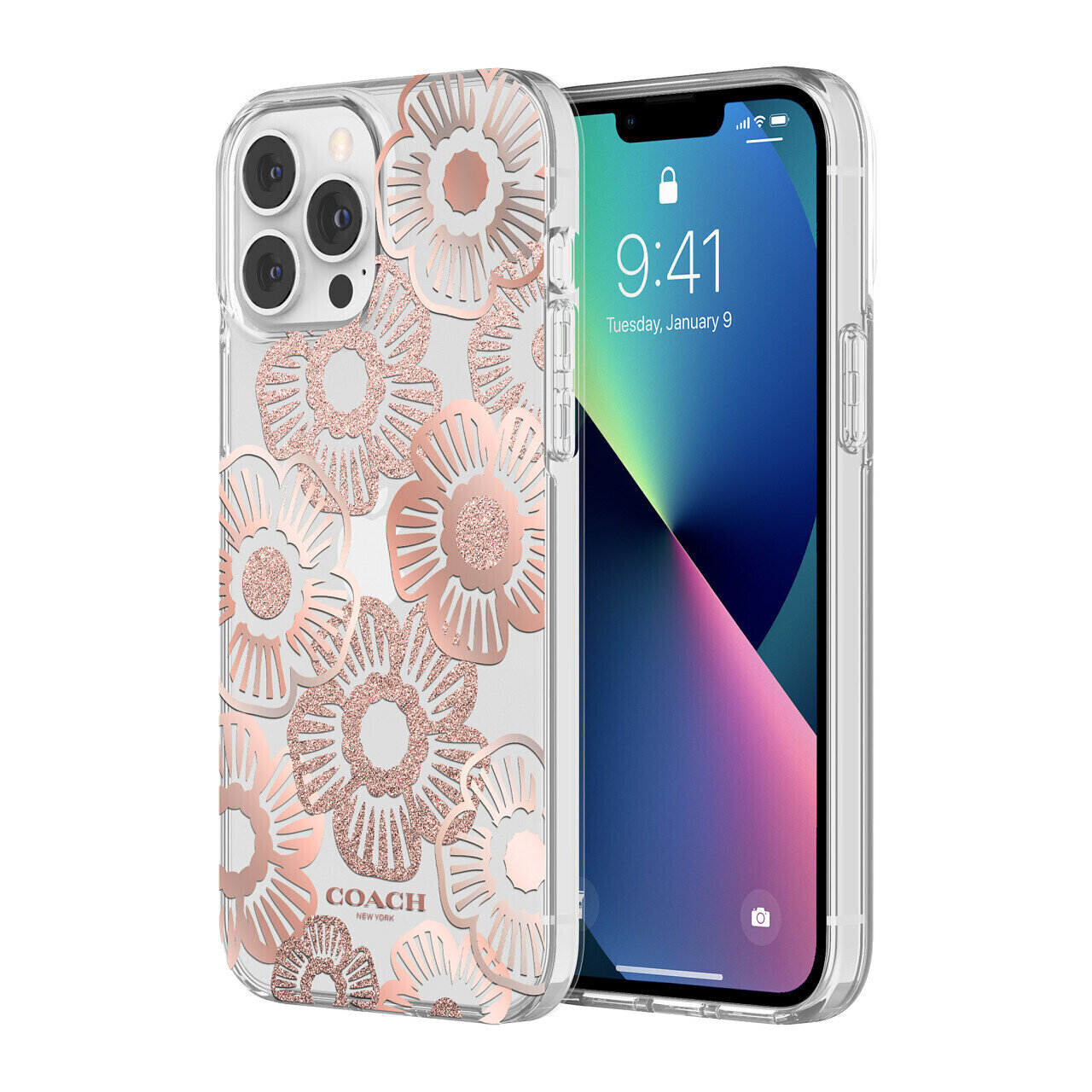 Coach iPhone 13 Pro Max Protective, Tea Rose Blush/Blush/Metallic/Glitter/Clear