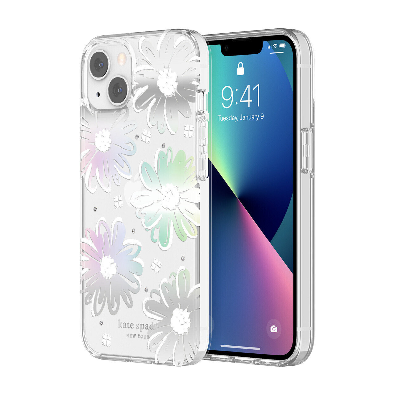 Kate Spade New York iPhone 13 Protective Hardshell, Daisy Iridescent Foil/White/