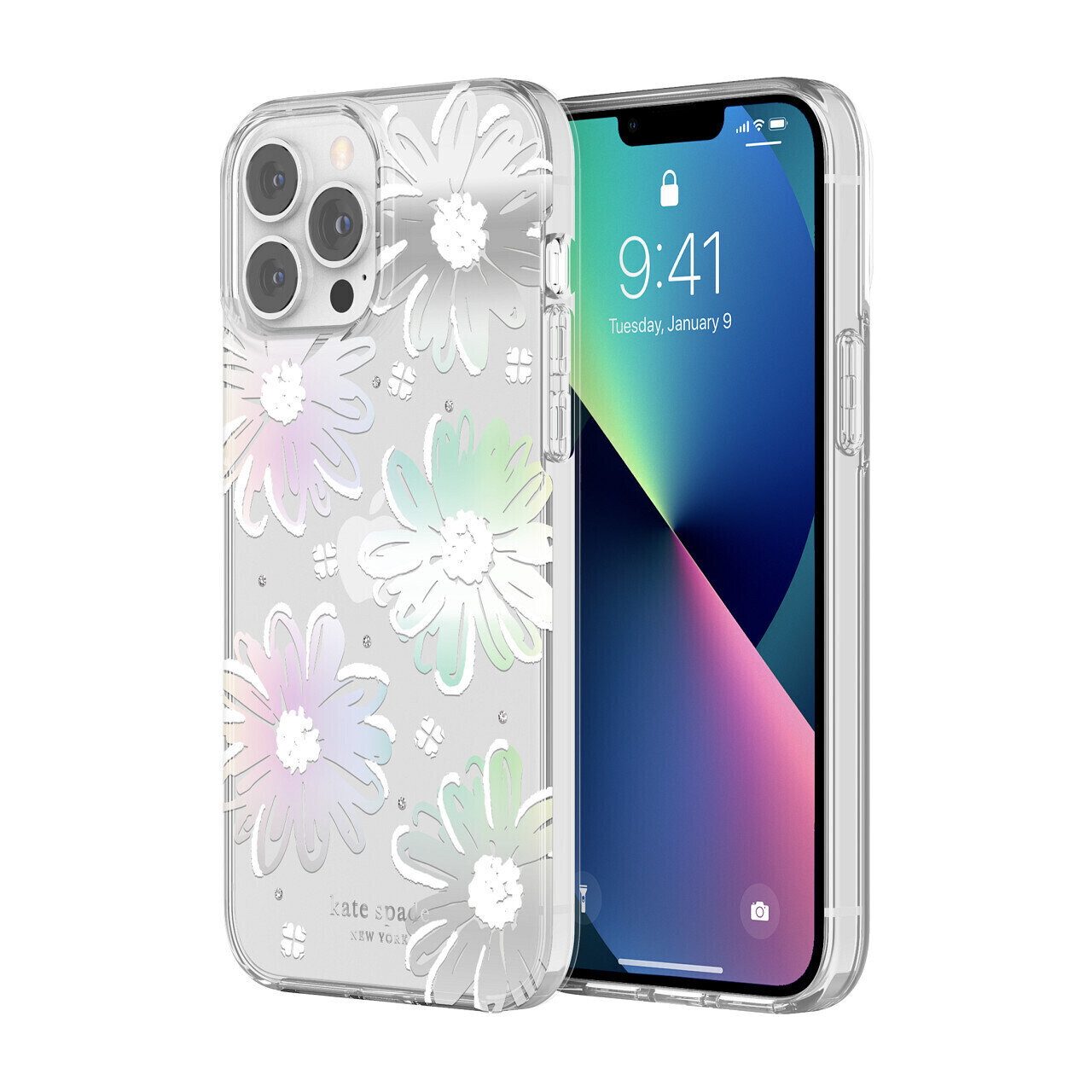 Kate Spade New York iPhone 13 Pro Protective Hardshell, Daisy Iridescent Foil/Wh