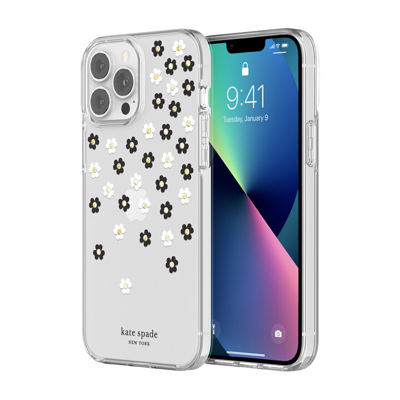 KSNY iPhone 13 Pro Protective Hardshell, Scattered Flowers Black/White/Gold Gems