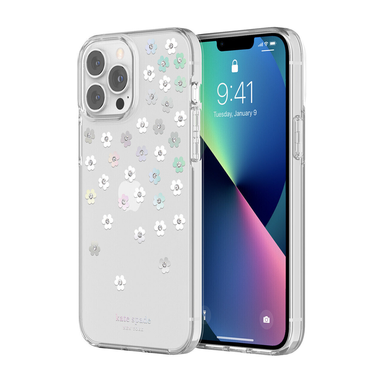 KSNY iPhone 13 Pro Max Protective Hardshell, Scattered Flowers/Iridescent/Clear/