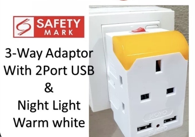 HOYO 3 WAY ADAPTOR WITH 2 USB   NIGH LIGHT - WHITE (3500500)