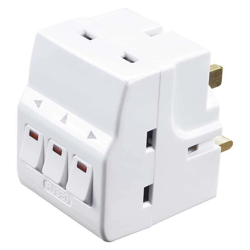 Masterplug White 3 Way Individually Switched Adaptor With Power Neon Indicators,