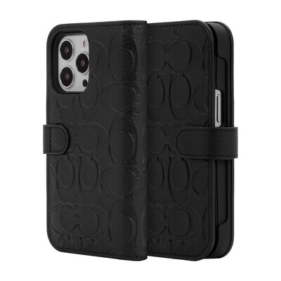Coach iPhone 13 Pro Leather Folio, Black Emboss Signature C Pebbled Leather