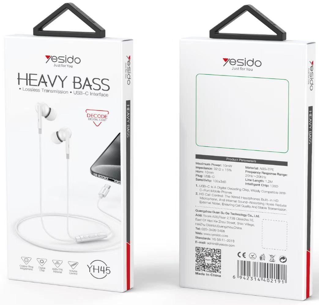 Yesido YH45 Hevy Bass Type-C Headphones, 1.2M White