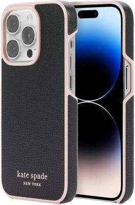 Kate Spade New York iPhone 14 Pro Folio Case, Pale Vellum/Black Bumper/Black Log