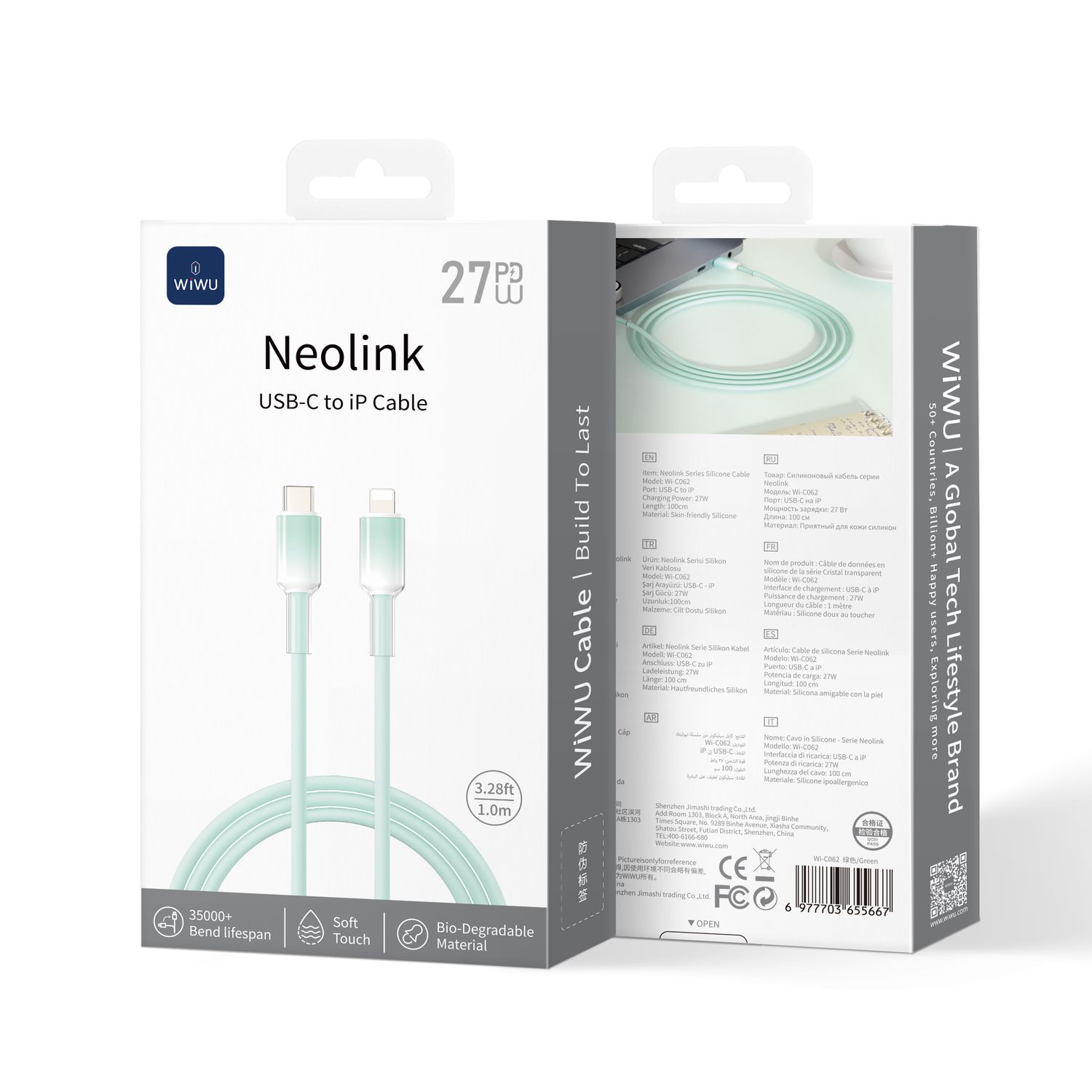 WiWU C062 Neolink USB-C to Lightning Silicone Cable, 1M Green