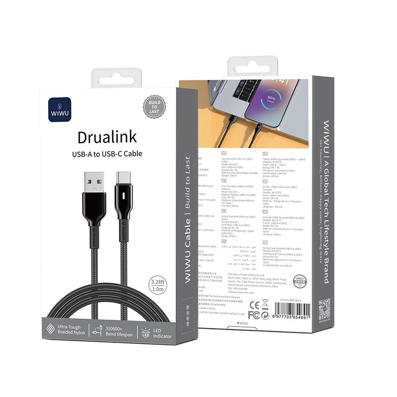 WiWU C073 Oringlink USB-A to USB-C Zinc Alloy Braided Nylon Cable, 1M Black
