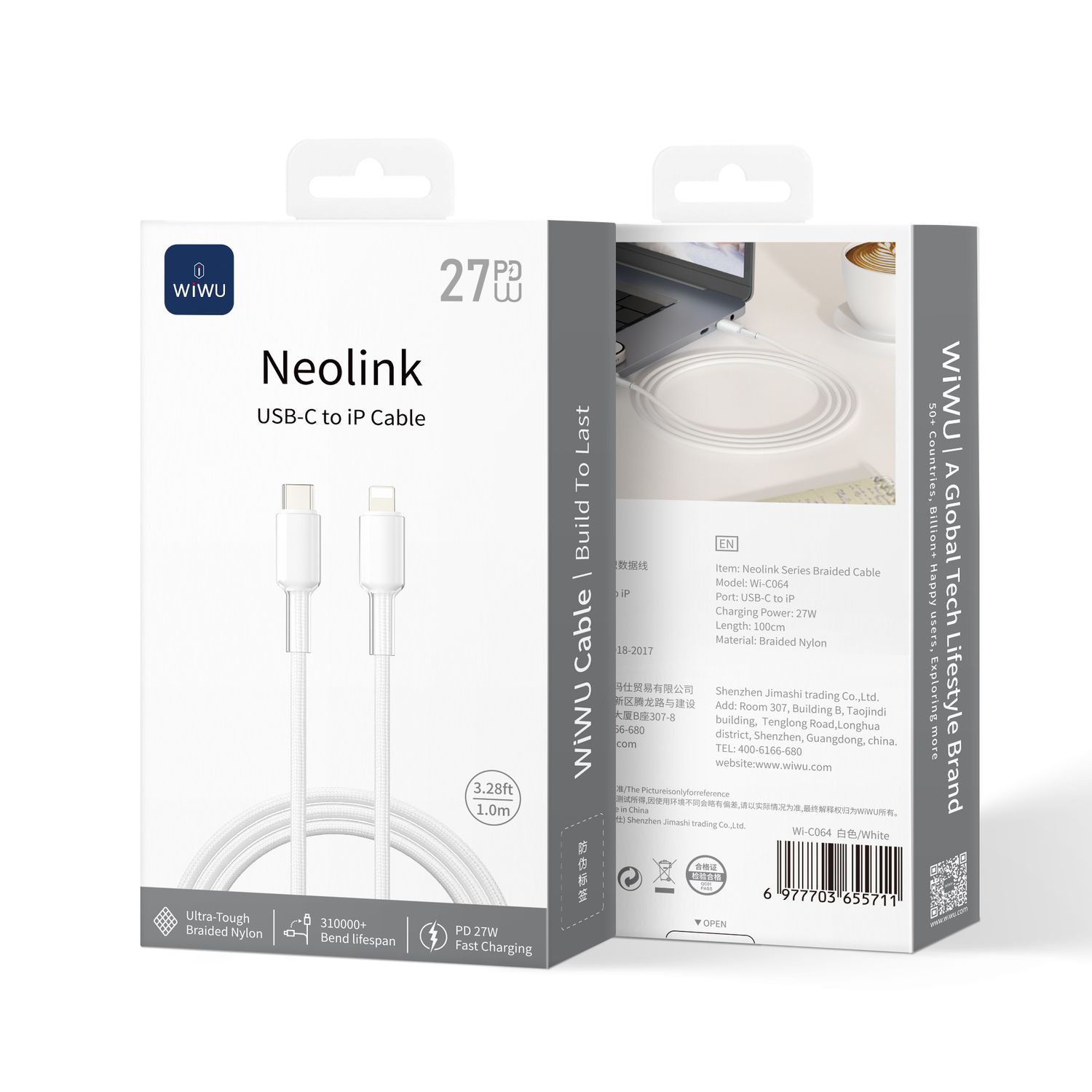 WiWU C064 Neolink USB-C to Lightning Braided Nylon Cable, 1M White