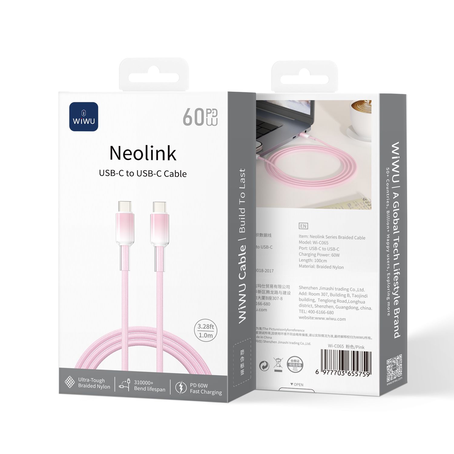 WiWU C065 Neolink USB-C to USB-C Braided Nylon Cable, 1M Pink