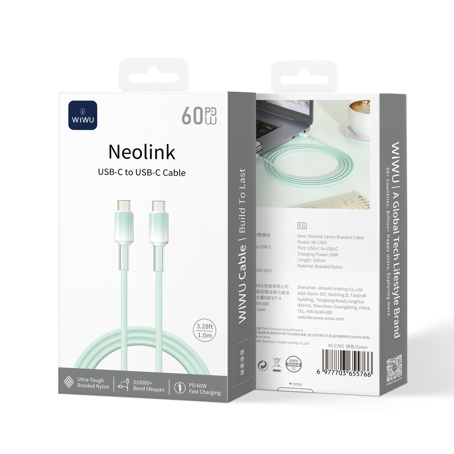 WiWU C065 Neolink USB-C to USB-C Braided Nylon Cable, 1M Green