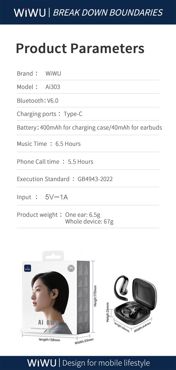 WiWU Ai303 OWS Earbuds, Grey