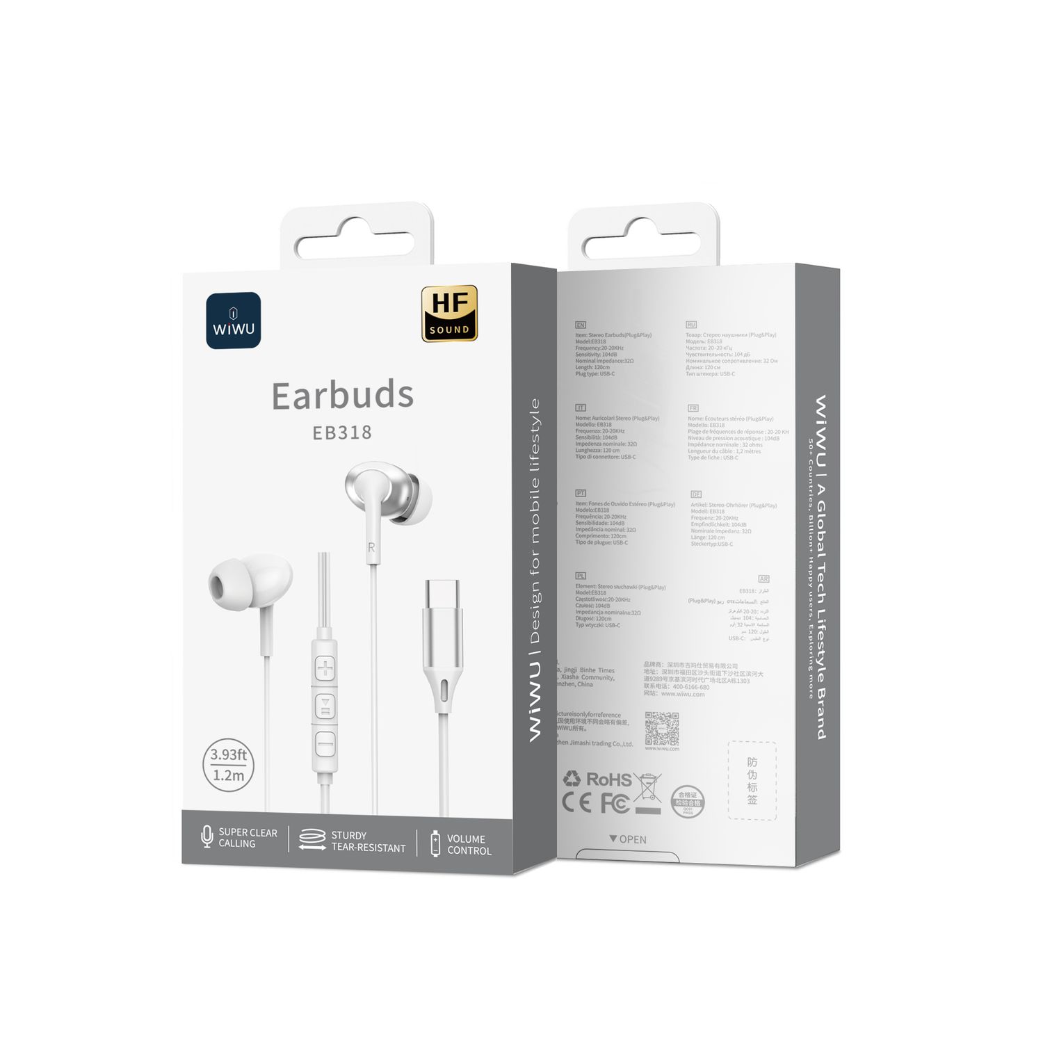WiWU EB318 Type-C Earbuds, 1.2M White