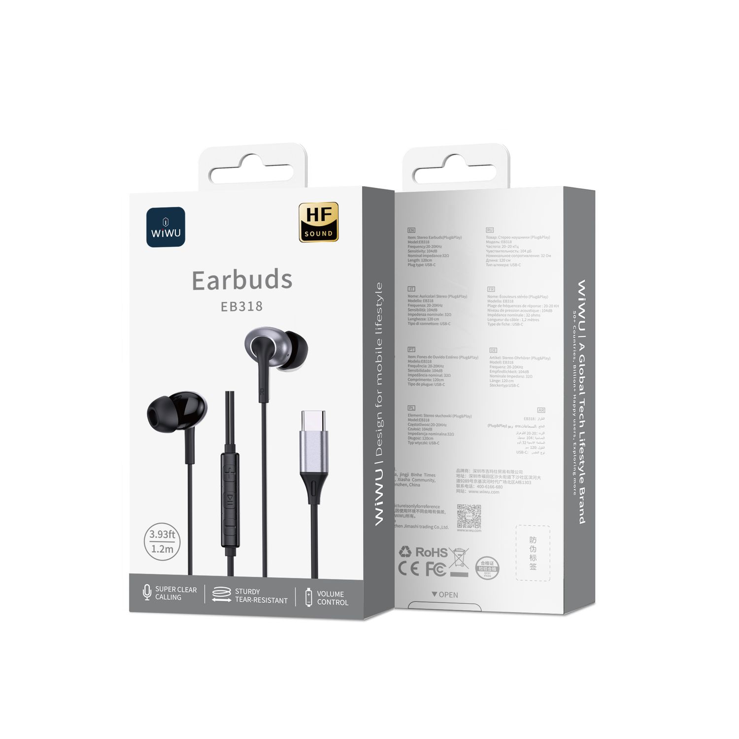 WiWU EB318 Type-C Earbuds, 1.2M Black