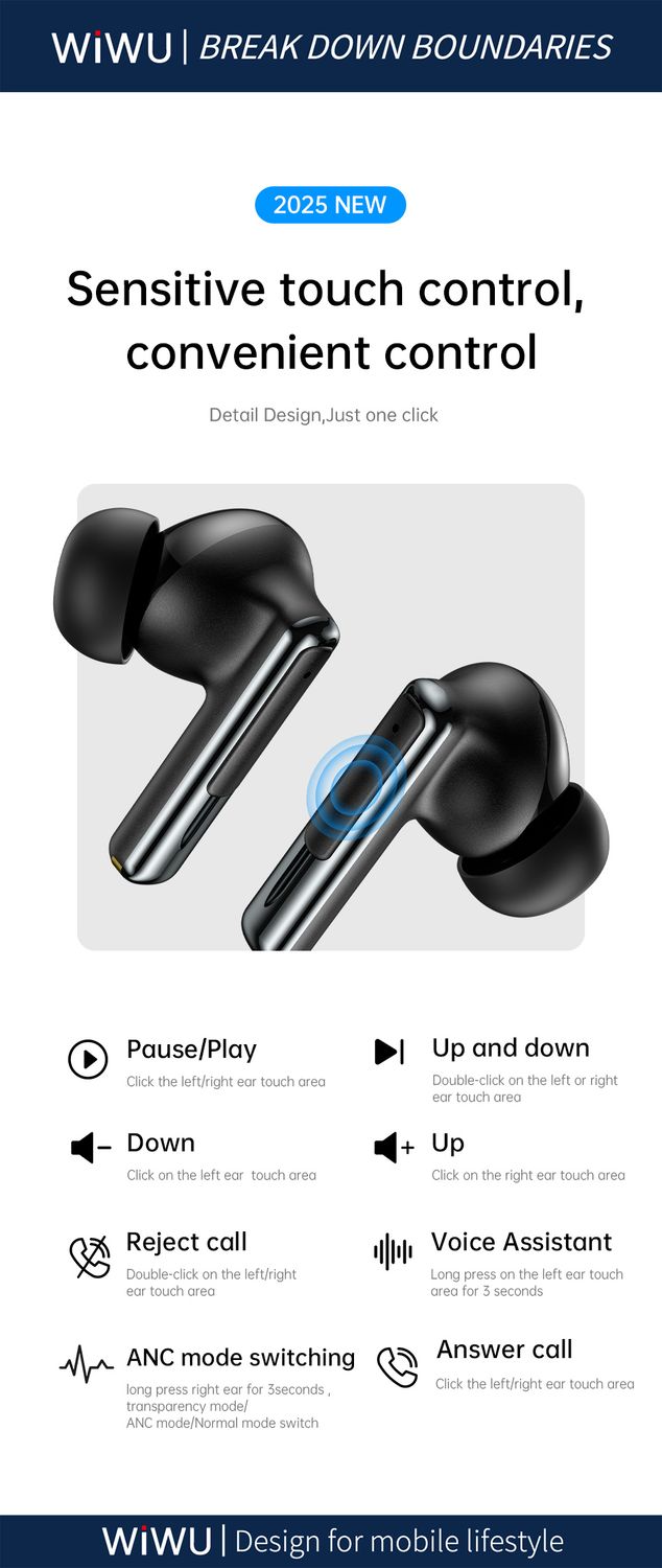 WiWU T33 ANC Pro Earbuds, Black