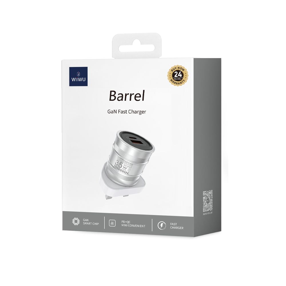 WiWU U028 Barrel GaN Fast Charger, Silver (UK)