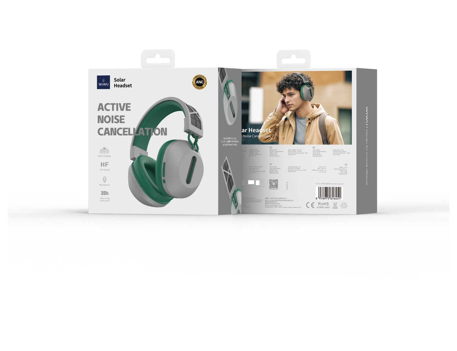 WiWU TD6 Solar Charging Headset, Grey+Army Green