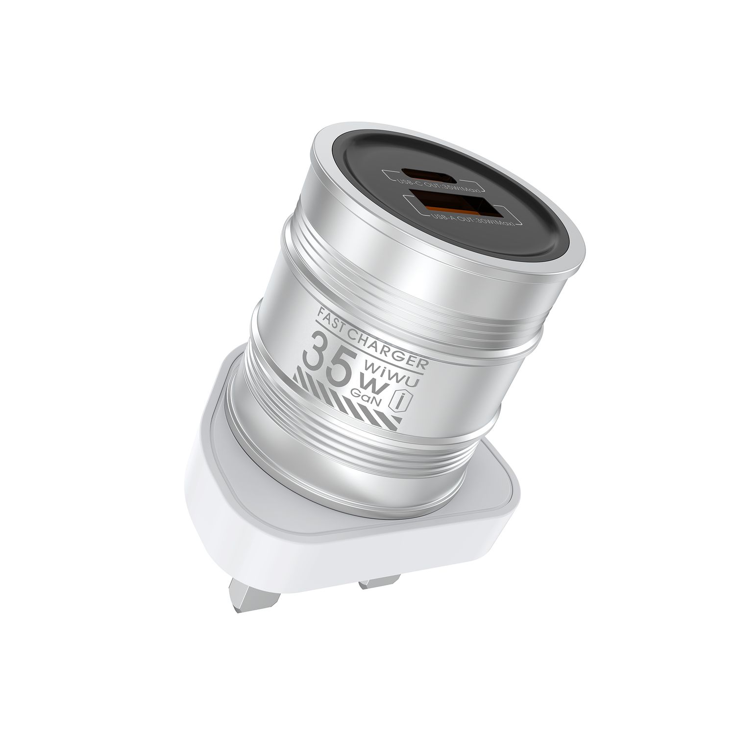 WiWU U028 Barrel GaN Fast Charger, Silver (UK)