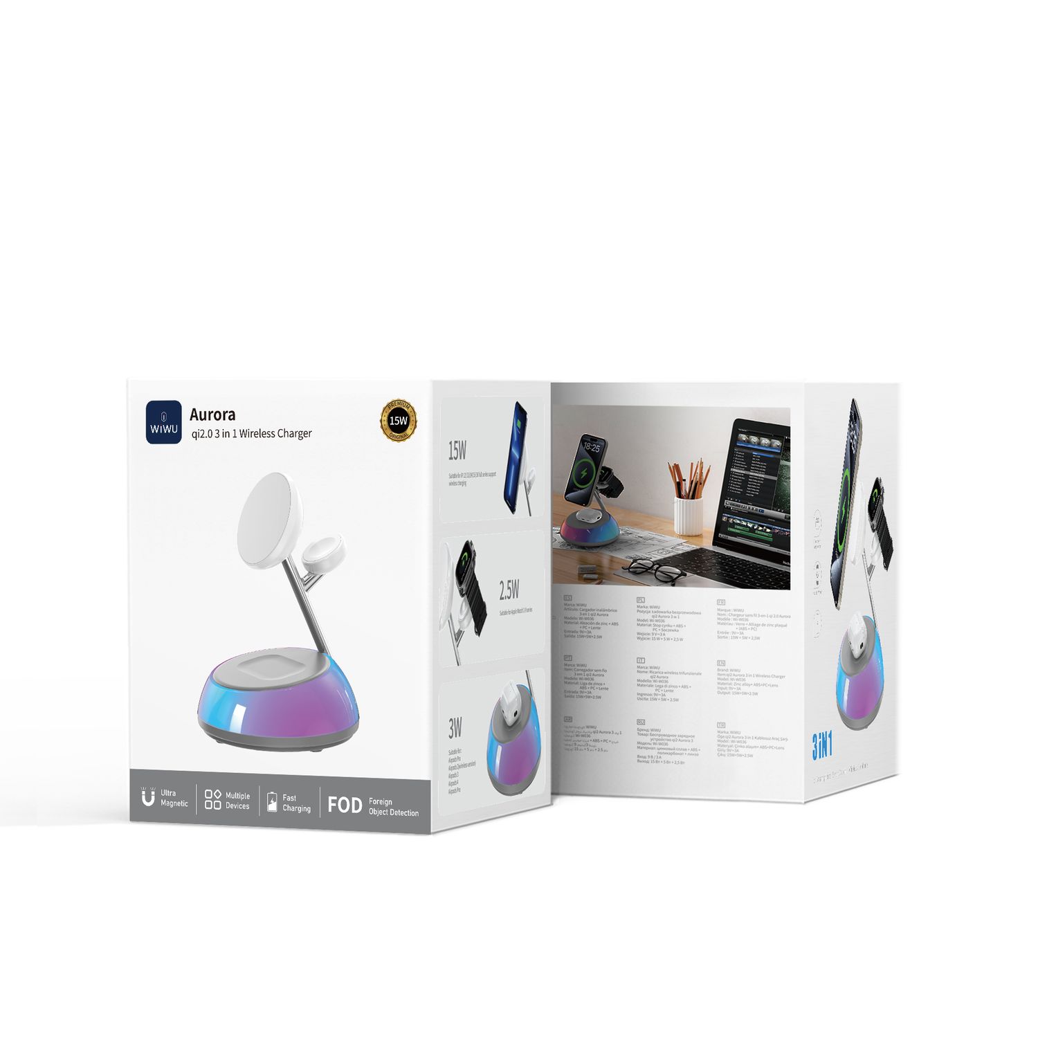 WiWU W036 Aurora qi2.0 3 in 1 Wireless Charger, White