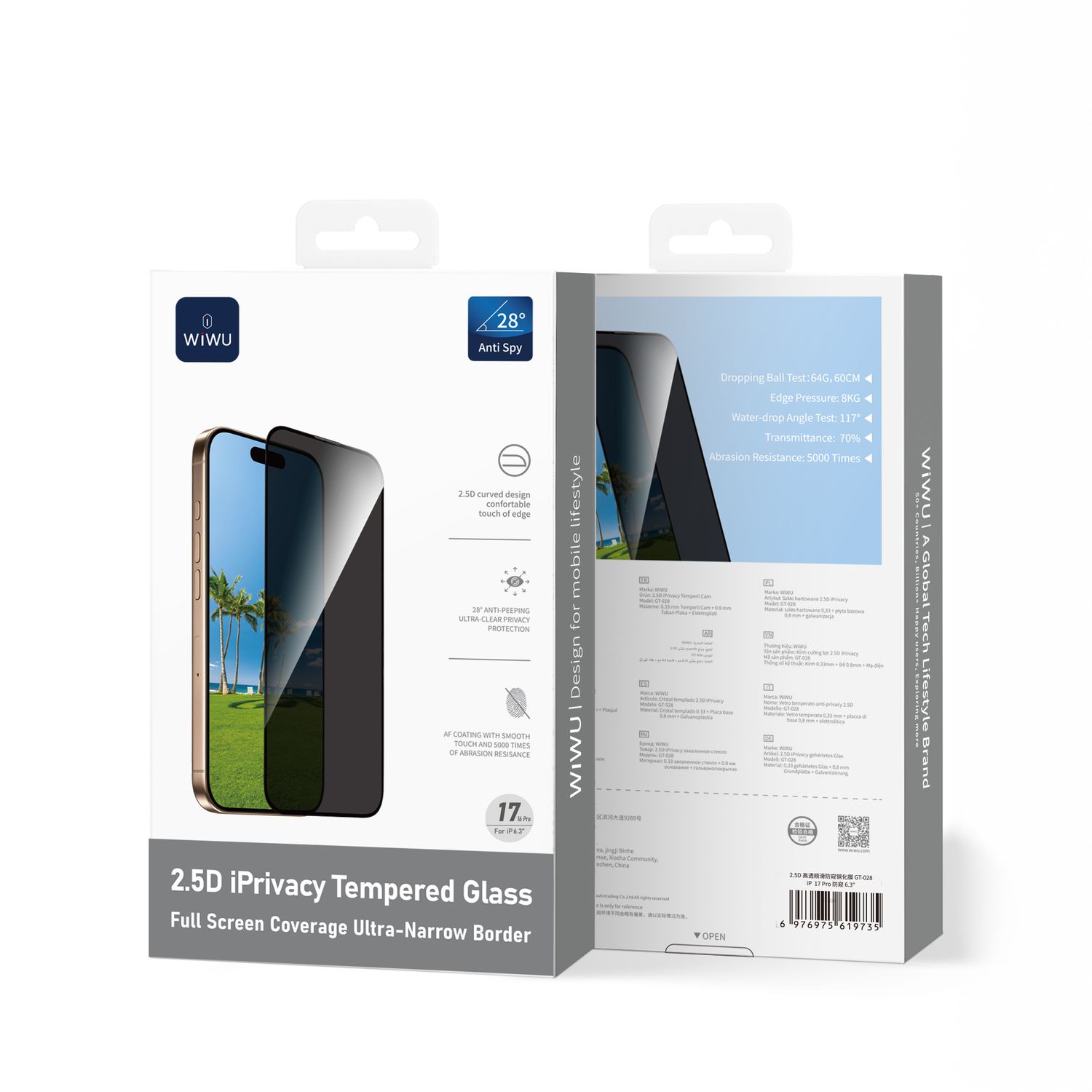 WiWU iPhone 17/16 Pro Tempered Glass, 2.5D Privacy
