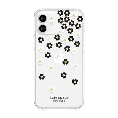KSNY iPhone 12 mini Protective Hardshell Case, Scattered Flowers Black/White/Gol