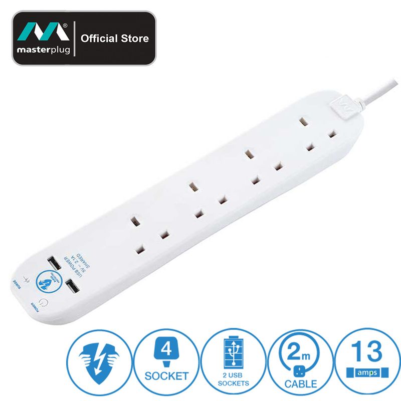 Masterplug Individual Switched 4 Socket, LED indicator, 2M White