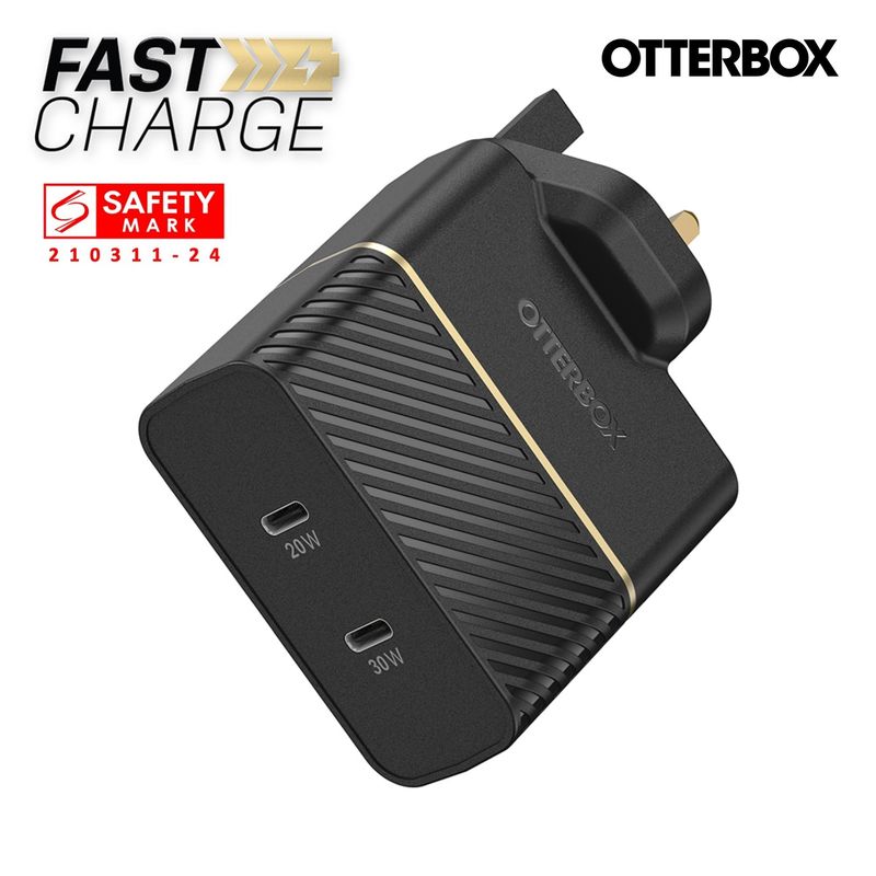 OtterBox USB-C 30W PD + USB-C 20W Dual Wall Charger, Black/Space Sand