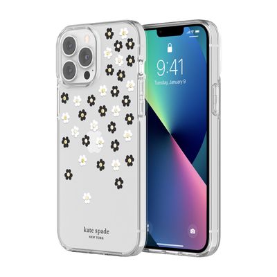 KSNY iPhone 13 Pro Protective Hardshell, Scattered Flowers Black/White/Gold Gems