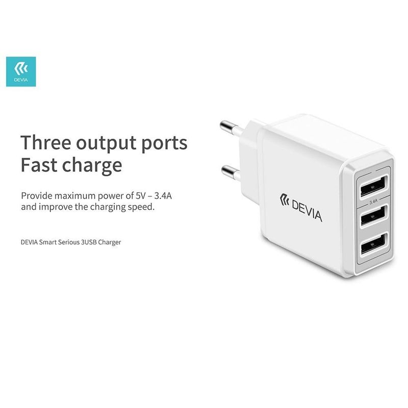 Devia Smart Series 3-Port USB Charger, White