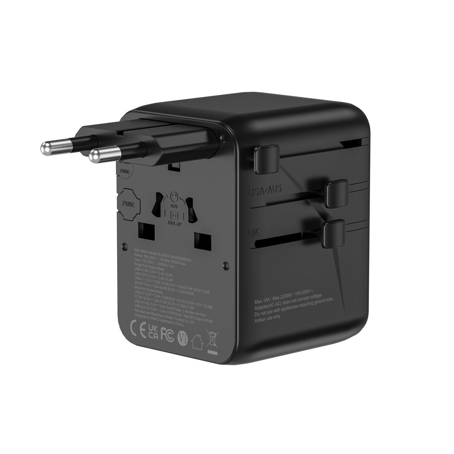 WiWU UA010 Aramid Fiber Warriors 45W GaN Plug Adapter, Black