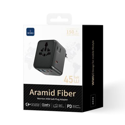 WiWU UA010 Aramid Fiber Warriors 45W GaN Plug Adapter, Black