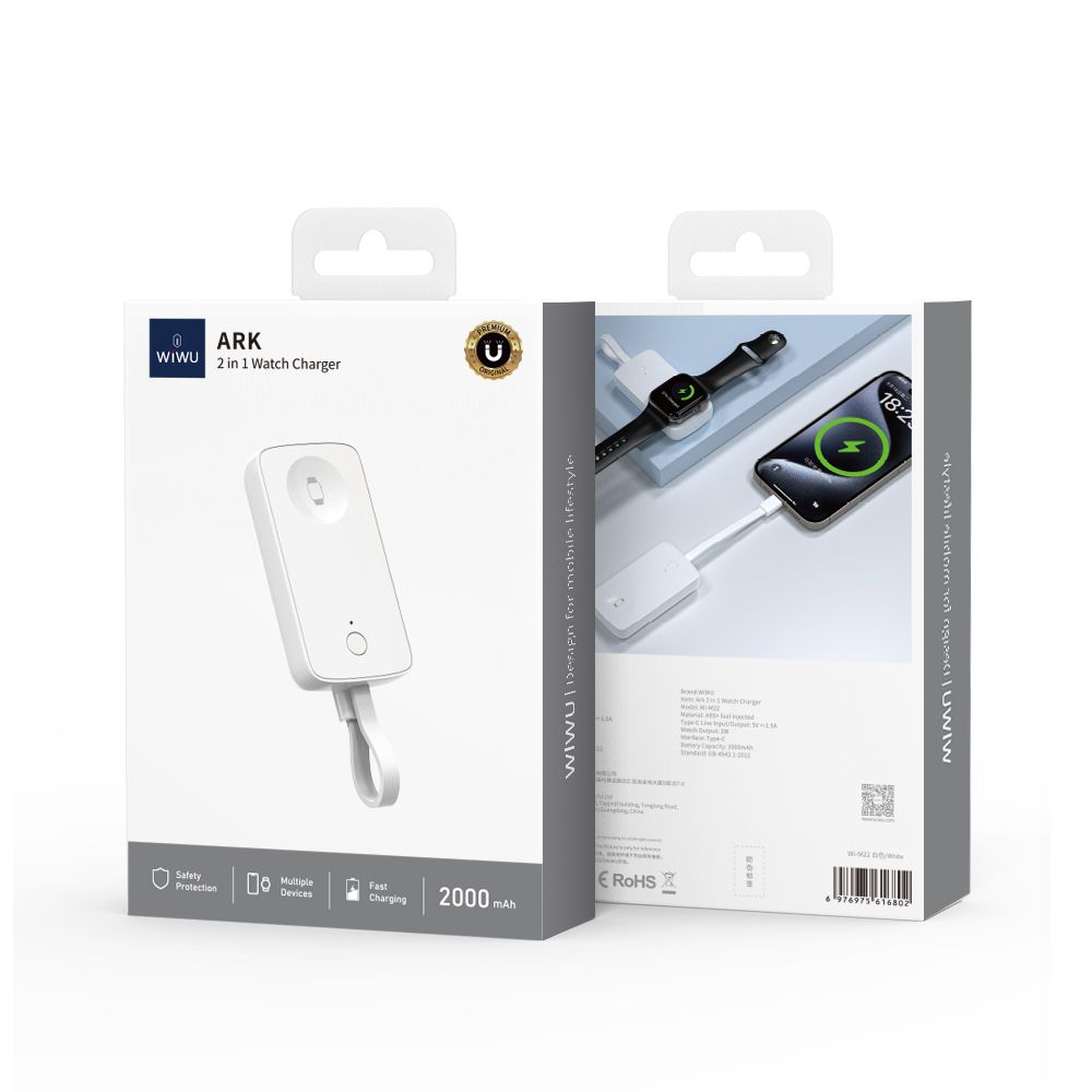 WiWU M22 Ark 2 in 1 Watch Charger, White