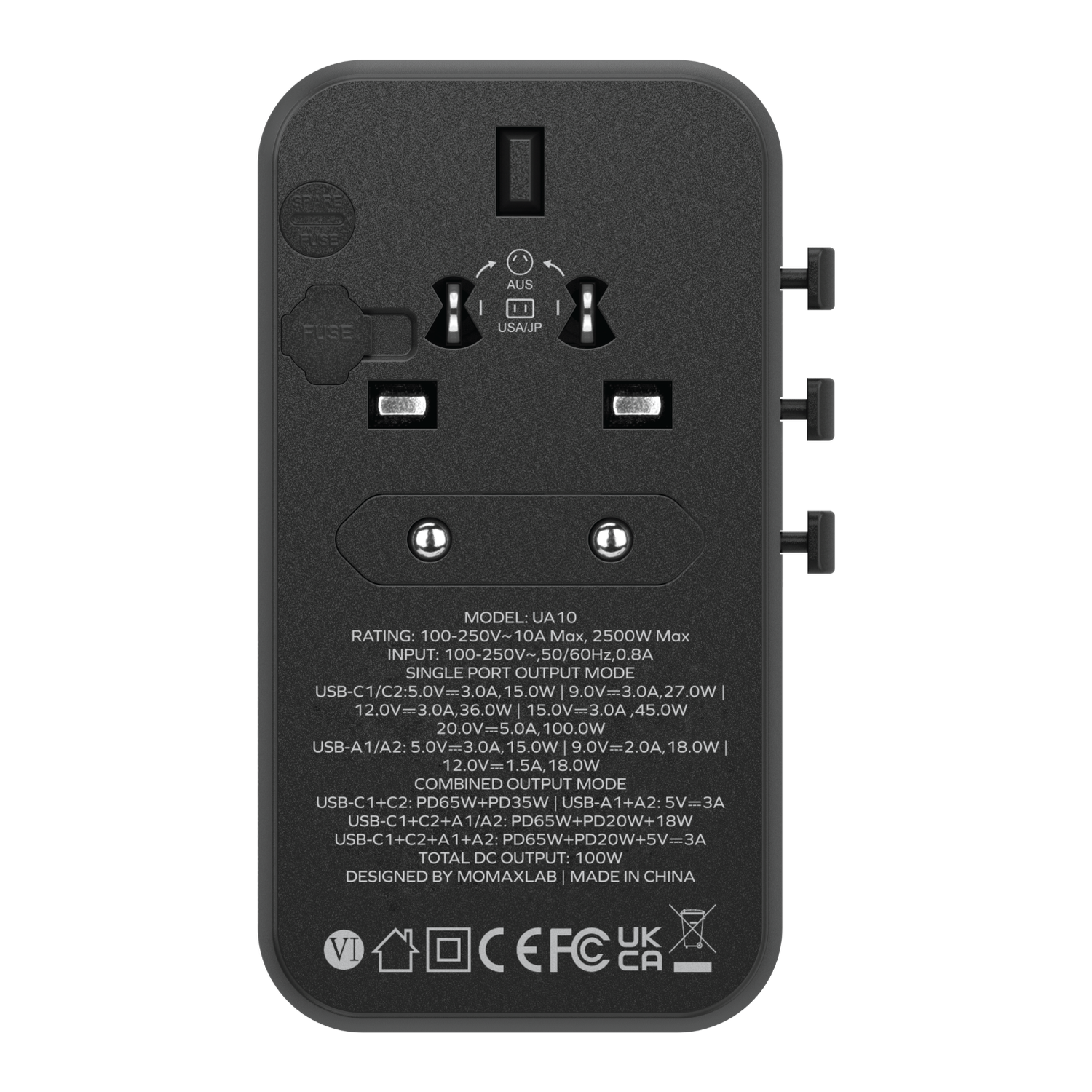 Momax UA10 100W GaN 4-Port + AC Travel Adapter, Black