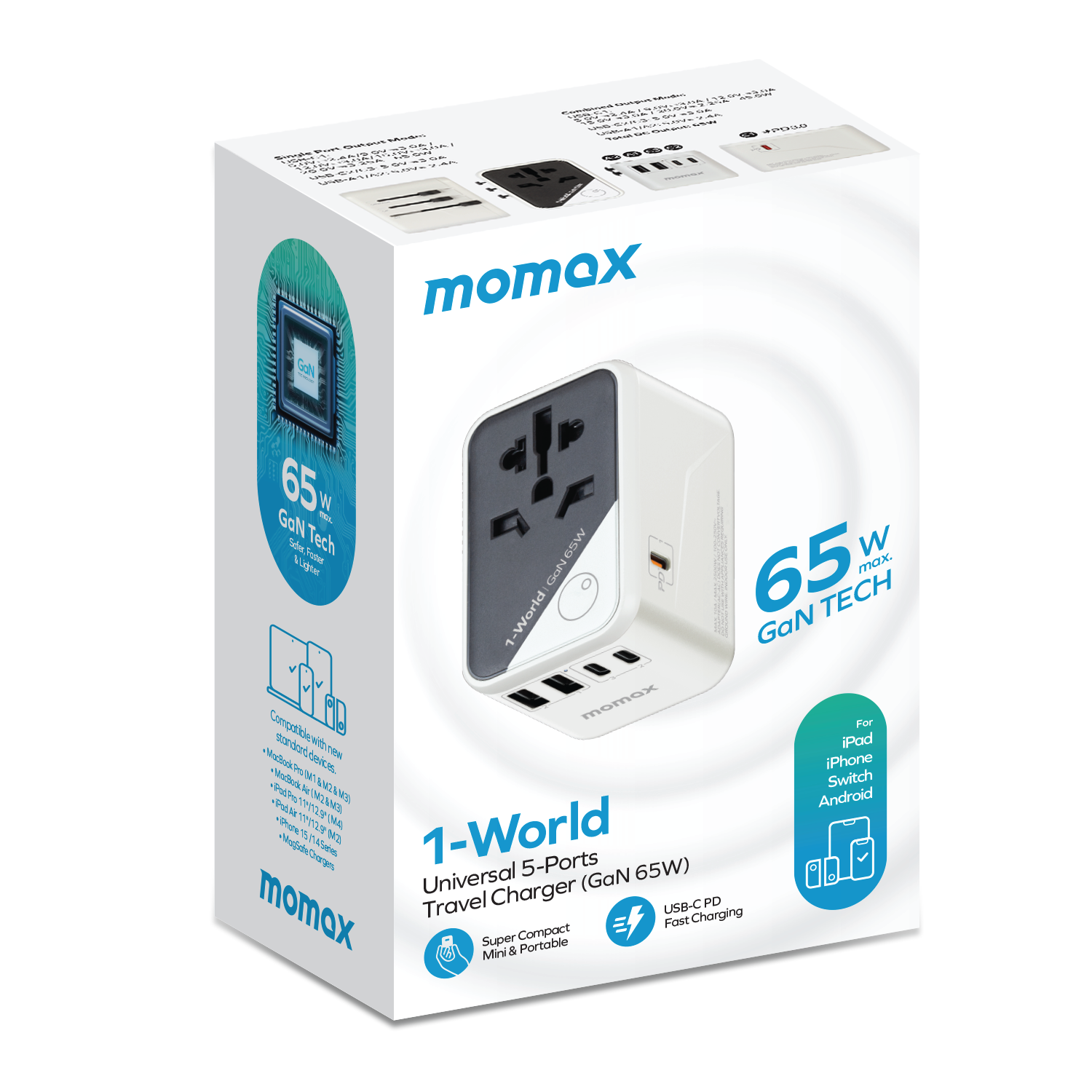 Momax UA8 70W GaN 5-Port + AC Travel Adapter, Black
