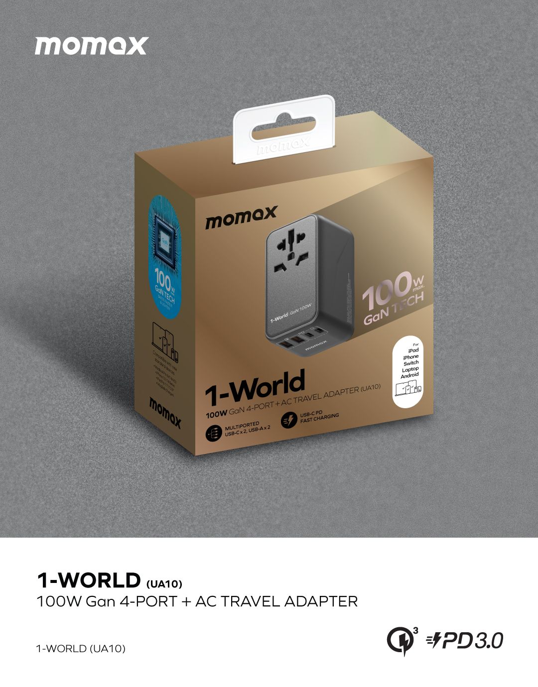 Momax UA10 100W GaN 4-Port + AC Travel Adapter, Black
