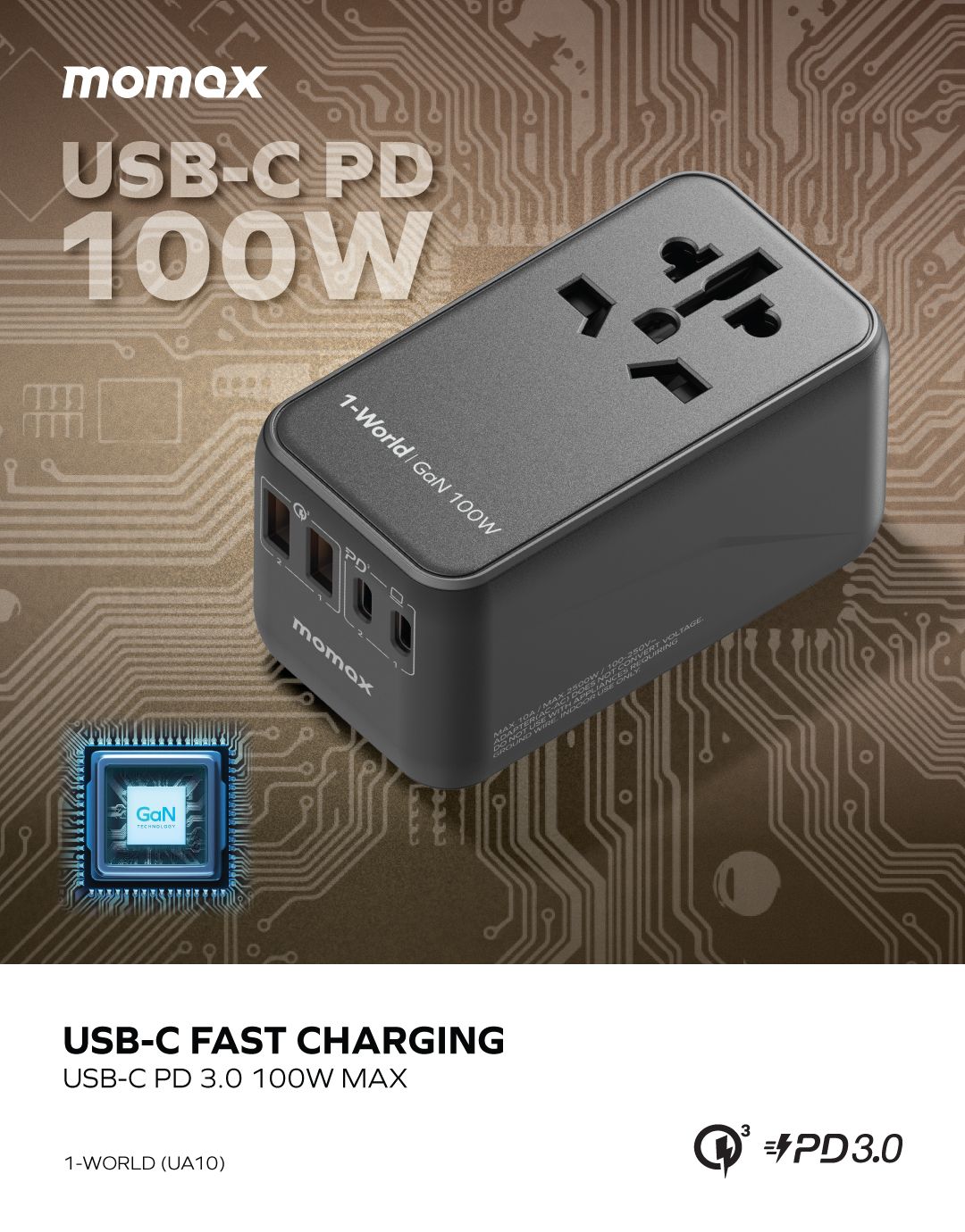 Momax UA10 100W GaN 4-Port + AC Travel Adapter, Black